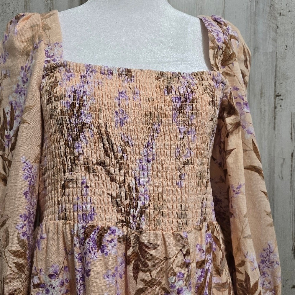 House of Harlow 1960 Peach Purple Floral Linen Blend Boho Midi Dress Size Medium - Picture 5 of 9